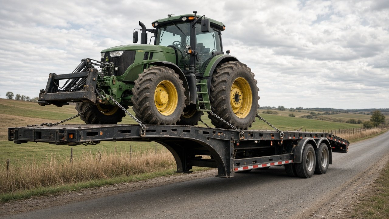 Farm and construction equipment staged for heavy haul transport
