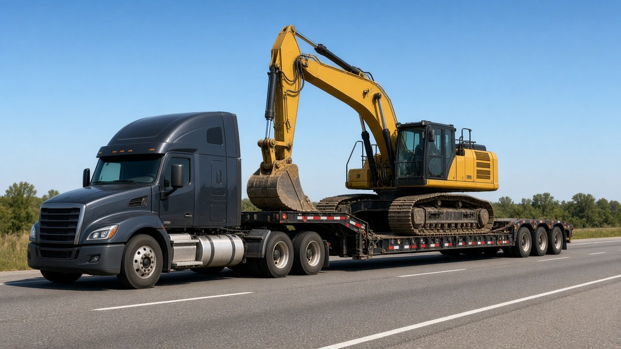 Excavator loaded on RGN lowboy trailer for heavy equipment transport