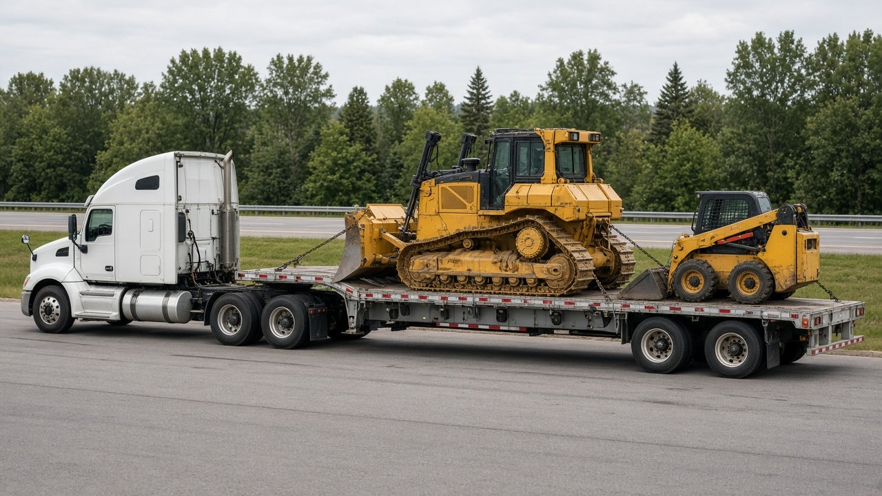 Step deck trailer used for mid-size heavy equipment transport